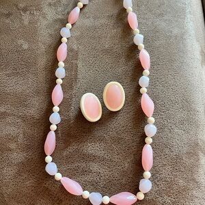Elegant Pink and White Beaded Necklace and Earring Set